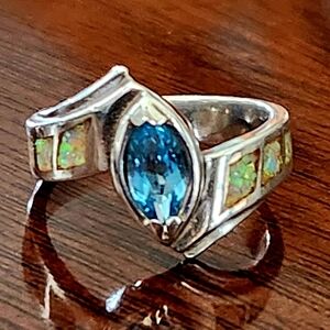 Vintage SIGNED! Waldeck Johnson 925 Sterling Silver Blue Topaz Opal Ring-sz.6
